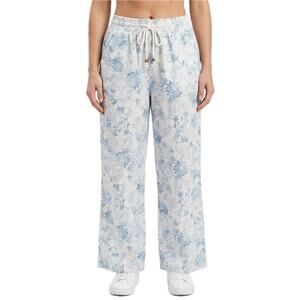 Beau Dawson Blue White Floral Linen Blend Wide Leg Tie Front Pants size L 10 12